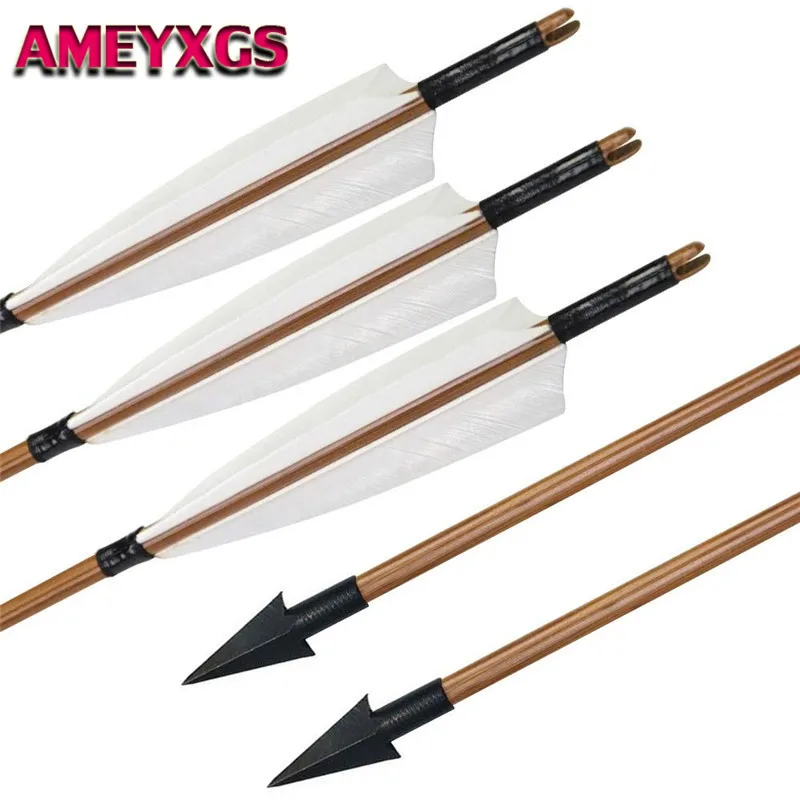 6Pcs 32" Archery Bamboo Arrows 8mm Arrow Shaft Replaceable Broadhead