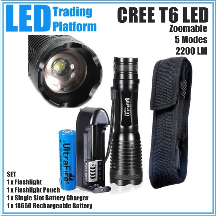 Set 2200LM CREE XM-L T6 LED Flashlight Focus Torch light Lamp Zoom + 18650 Battery+ Single Slot Charger A1054 | Лампы и освещение