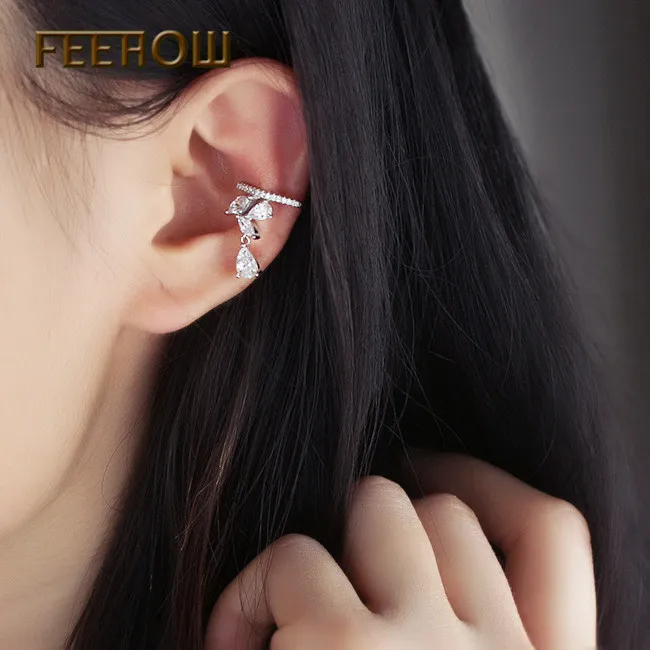 

FEEHOW New Simple 3 Color Women Ear Cuff Jewelry Fashion Zirconia Micro Pave Leaf No Pierced Small Clip Earrings Girl FWEP2277