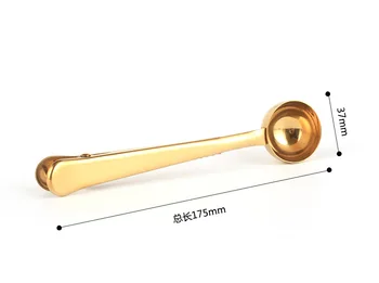 

200pcs / lot luxury gold stainless steel coffee measuring spoon with bag holder sealed tea measuring spoon kitchen tool