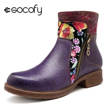 Socofy Retro Novidade Couro Genuíno Mulheres Botas de Vaqueiro Ocidental Do Vintage Boêmio Impresso Zipper Ankle Boots Mulheres Sapatos Casuais