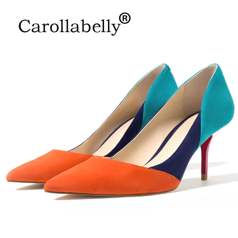 New Mix Color High Heels Orange Blue Grey Nude Pointed Toe Pumps Cut-Outs Woman Shoes Rose Red Heel 7cm For Fashion Female 