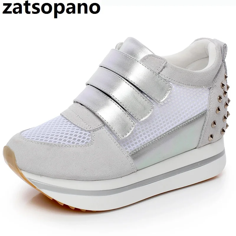 

7cm Genuine Leather Women's Leisure Shoes Platform Breathable Student Sneakers Increased Spring Lady Casual Shoes Woman Sneakers