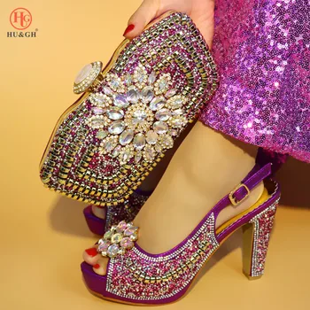 

Newest Italian shoes and bag to match women high heel African Heels shoes and clutches bag Purple Color flower shoe and bag set