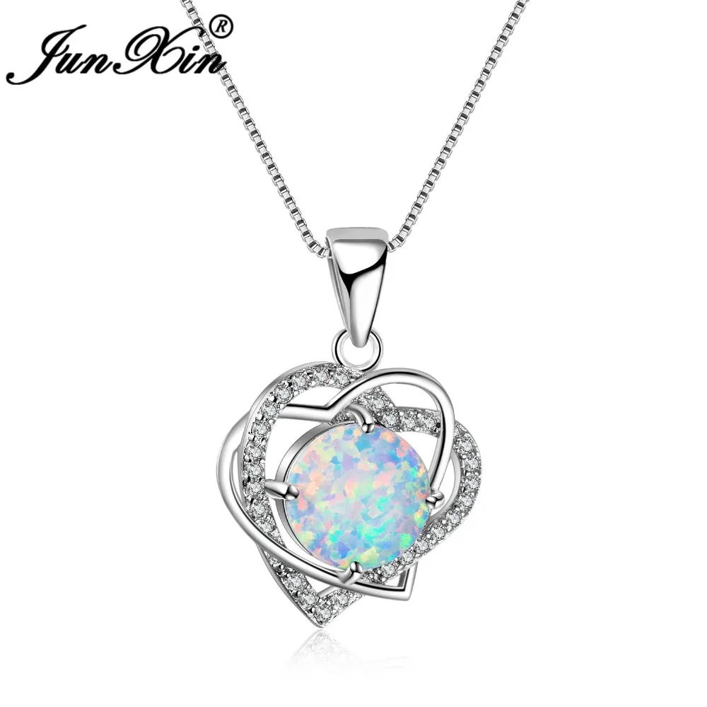 

JUNXIN 925 Sterling Silver Heart Pendants Necklaces For Women White Fire Opal Necklace Round Zircon Rainbow Birthstone Jewelry