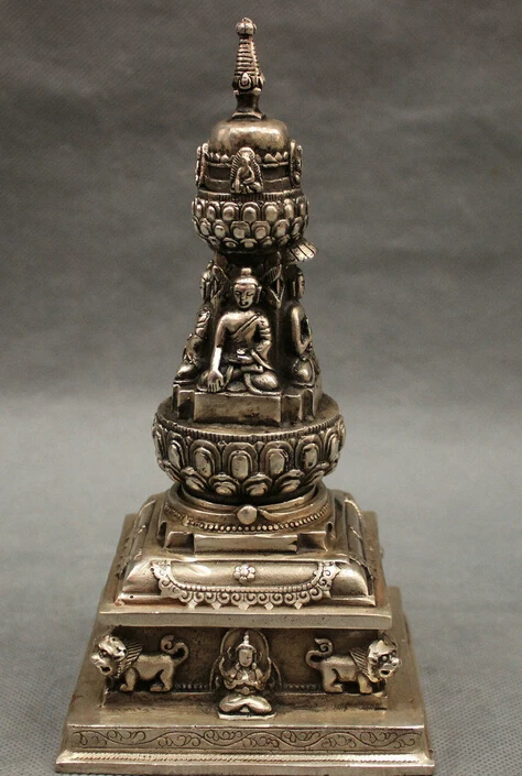 

8" Tibet Silver Shakyamuni Sakyamuni Buddha Statue Stupa Incense Burner Censer