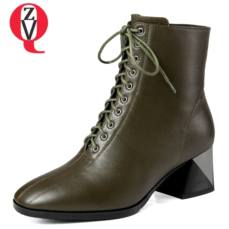

ZVQ women shoes 2018 new fasahion sexy square toe zip cross-tied high square heel genuine leather heel height 5 cm ankle boots
