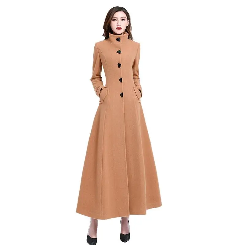 Vrouwen Herfst Winter Big Size Stand Kraag Wol Blends Lange Overjas Vrouwelijke Solid Slim Dikke Warme Maxi Wollen Jassen Uitloper v506