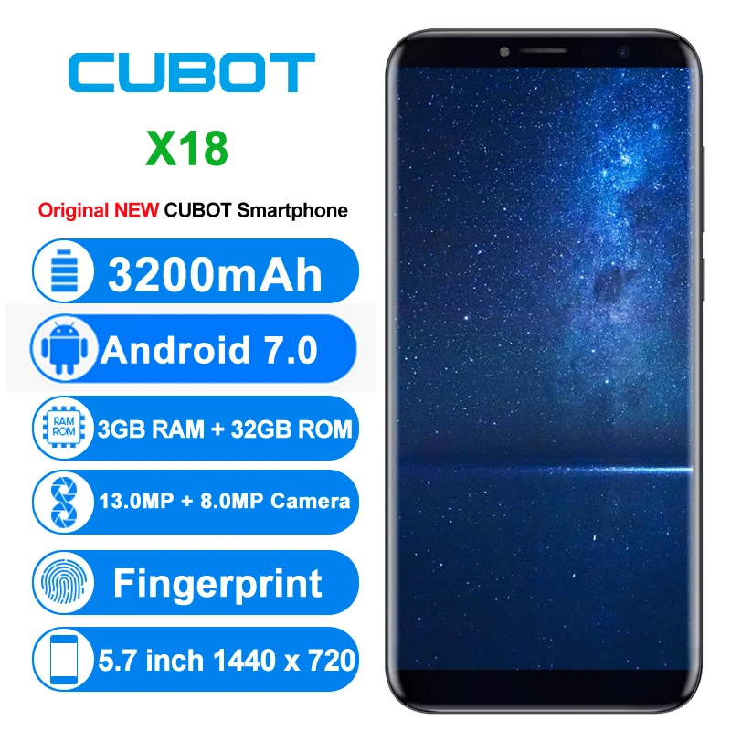 Cubot X18 5.7'' HD+ 18:9 Full Display Android 7.0 4G Smartphone MT6737T Quad-Core 3GB RAM 32GB ROM 16MP Fingerprint Mobile Phone