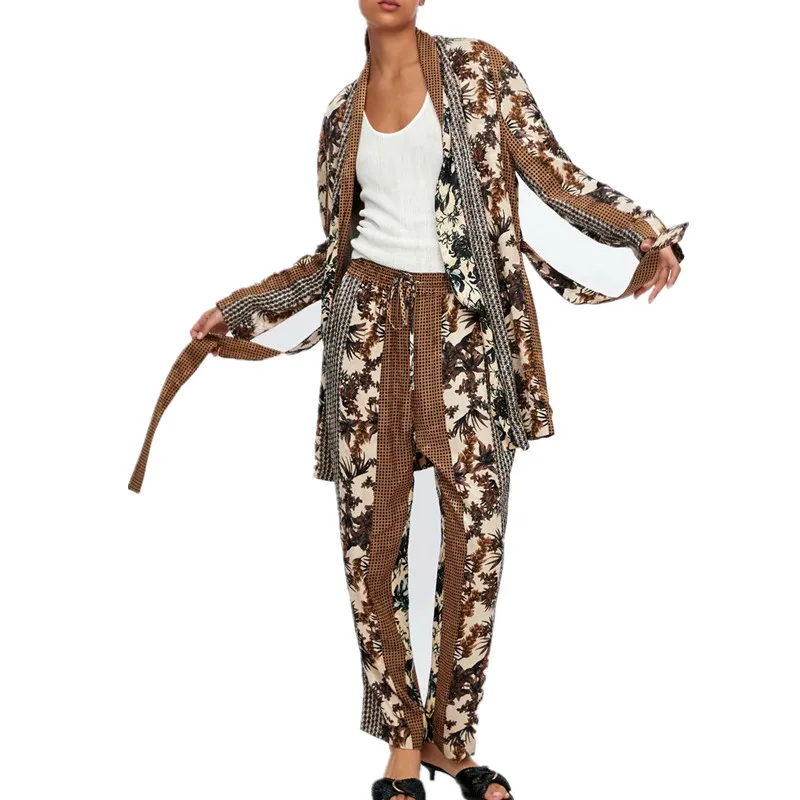 Женский блейзер с принтом комплект из двух предметов Женский комплект пальто Топы с длинными рукавами брюки наборы Conjuntos