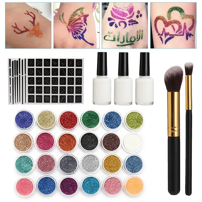 

New Body Art Glitter Tattoo Kit 118 Pattern Stencils Powder Brush Glue Temporary Tattoos Tools Body Painting Glitter Powder Set