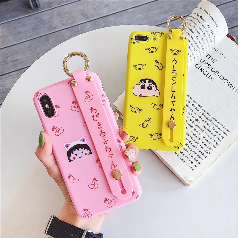 

Crayon Shinchan Phone Cases For iPhone 6 6S 7 8 Plus Case Soft Glossy IMD Chibi Maruko Chan Case For iPhone X XS MAX Wrist strap