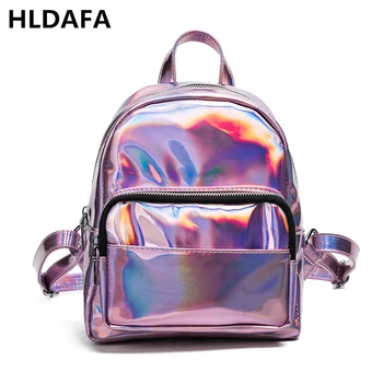 

HLDAFA 2019 Women Small Hologram Backpack Laser Holographic Bag Feminino Silver Mini School Bag for Girl Leather Daypack Mochila