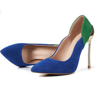 

2018 summer new women splicing pointed toe high heel pumps Fashion flock mixed-colors thin heel shoes Dress shoe 12cm high heels
