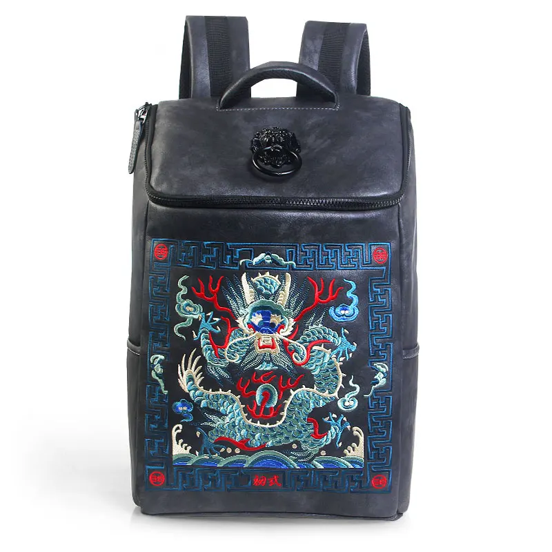 Китайский Роскошный дизайнерский водонепроницаемый Винтажный Мужской рюкзак с вышивкой, рюкзак с принтом дракона, сумка для ноутбука, школьный рюкзак для женщин - Цвет: Blue Black lion