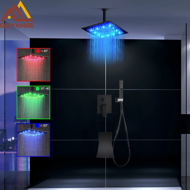 quyanre wanfan frap black led rainfall shower faucet set rainfall led shower head waterfall spout with 3-way mixer tap bathroom shower