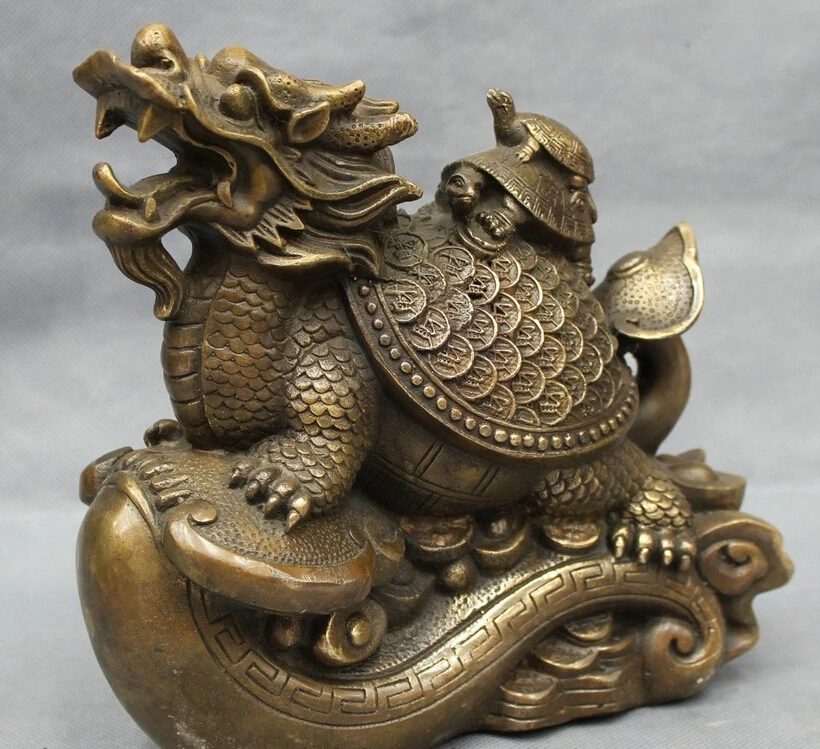

song voge gem S3169 8" Chinese Bronze Buddhism FengShui Longevity Dragon Turtle On Coin RuYi Statue