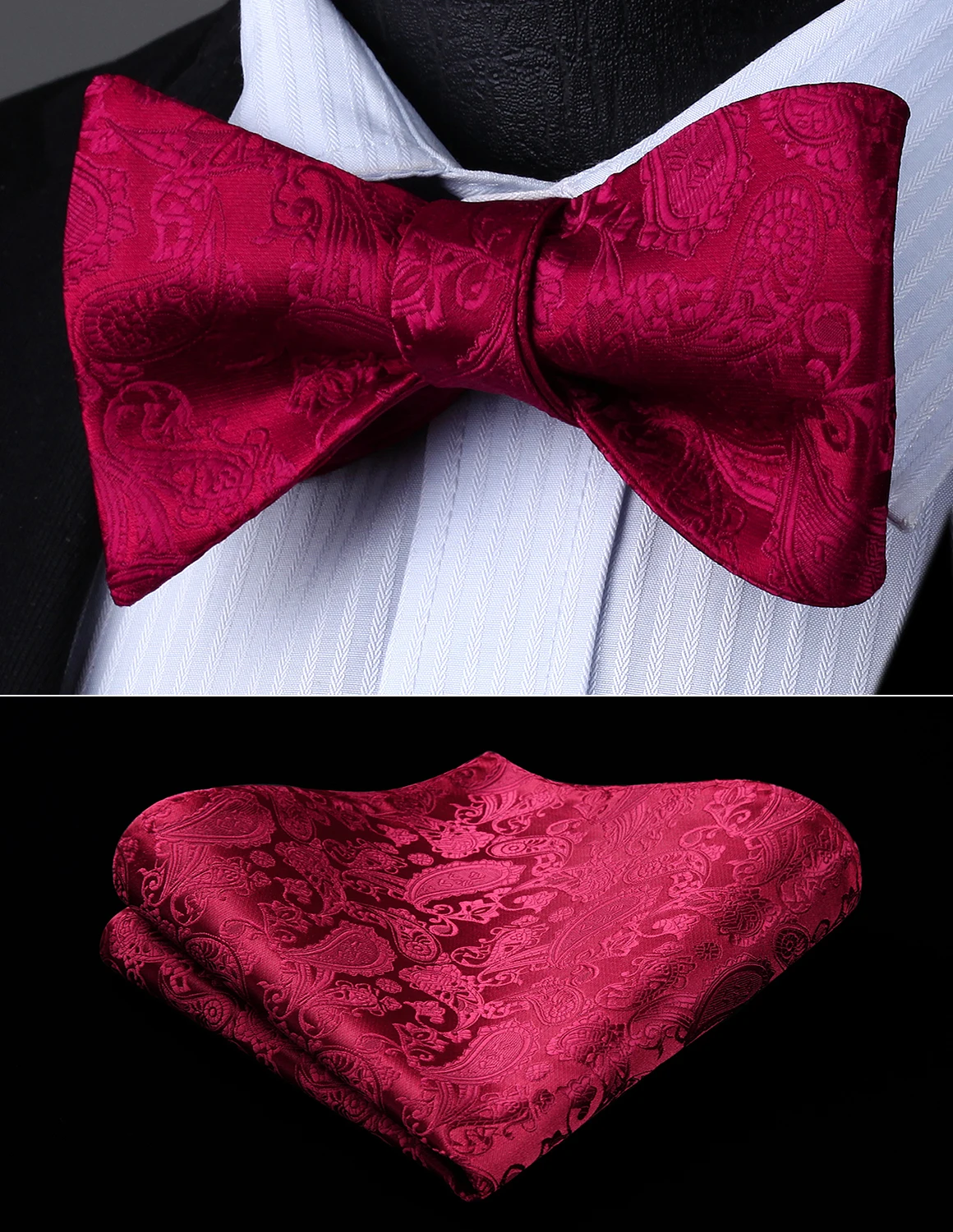 

Bow Tie handkerchief set Men Woven Party Wedding Burgundy Paisley Self Bow Tie Pocket Square Set#BP711US