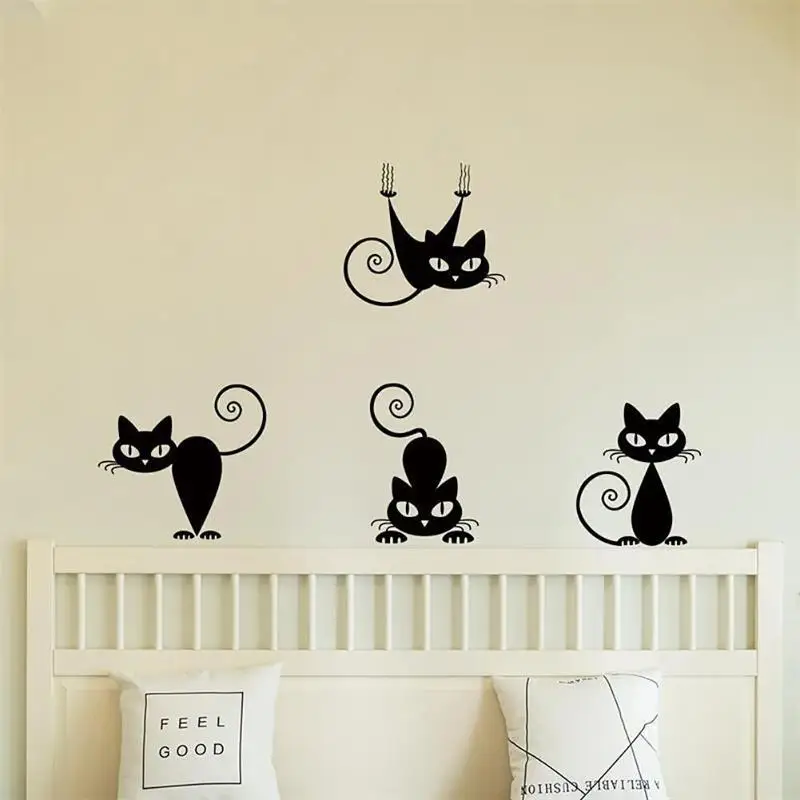 Милые Черные Кошки мультфильм наклейки на стену для детской спальни дома стены искусства Декор ПВХ водонепроницаемые съемные настенные наклейки плакат