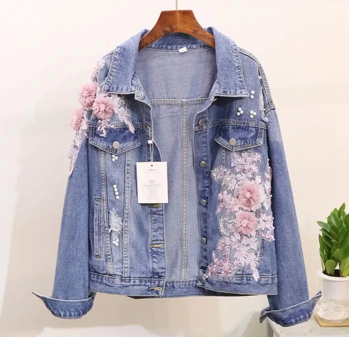 

2018 Spring Autumn Jeans Jacket Coat Woman New Heavy Stereo Pink Flower Embroidered Hole Denim Jackets Student Basic Coats