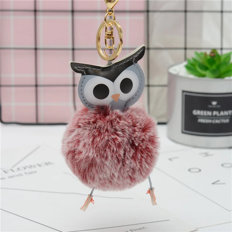 Owl Faux Rabbit Fur Pompom Keychain Fluffy Two Color Animal Ball Pendant Key Rings Holder Bag Ornament for Women EH851 | Украшения и