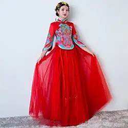 Красные Свадебные невесты китайский Стиль Cheongsam традиционные женские длинные Qipao Вышивка Для женщин вечернее платье одежда Размеры