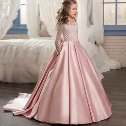Розовые Платья с цветочным узором для девочек 2019 года на свадьбу, бальное платье с высоким воротником и длинными рукавами, кружевные платья