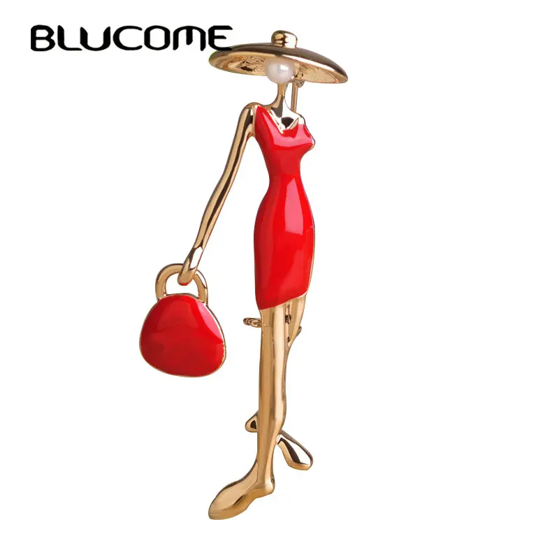 

Blucome Fashion Red Paris Girls Brooches Enamel Bag Ladies Brooch Pins For Hats Scarf Suit Accessories Hot Women Corsage Bijoux