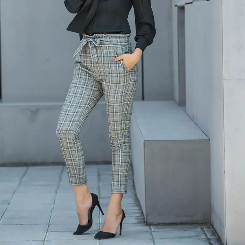 

Women Plaid Trousers 2019 High Waist Summer Pockets Pants Spring Vintage Casual Streetwear Sashes Trousers