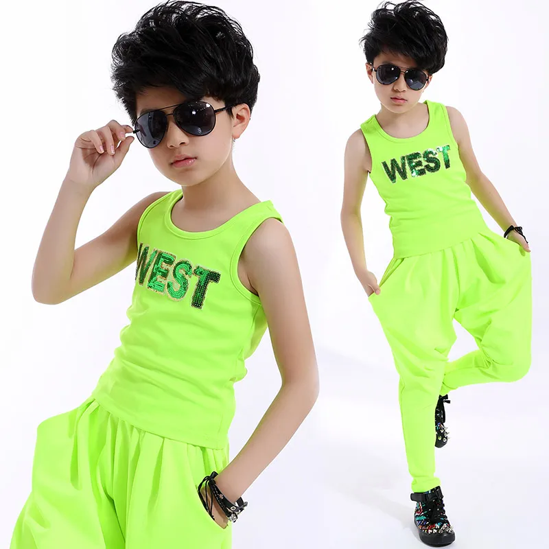 2018 new fashion dance wear kids boys suit stage costume for children fluorescence green sequins