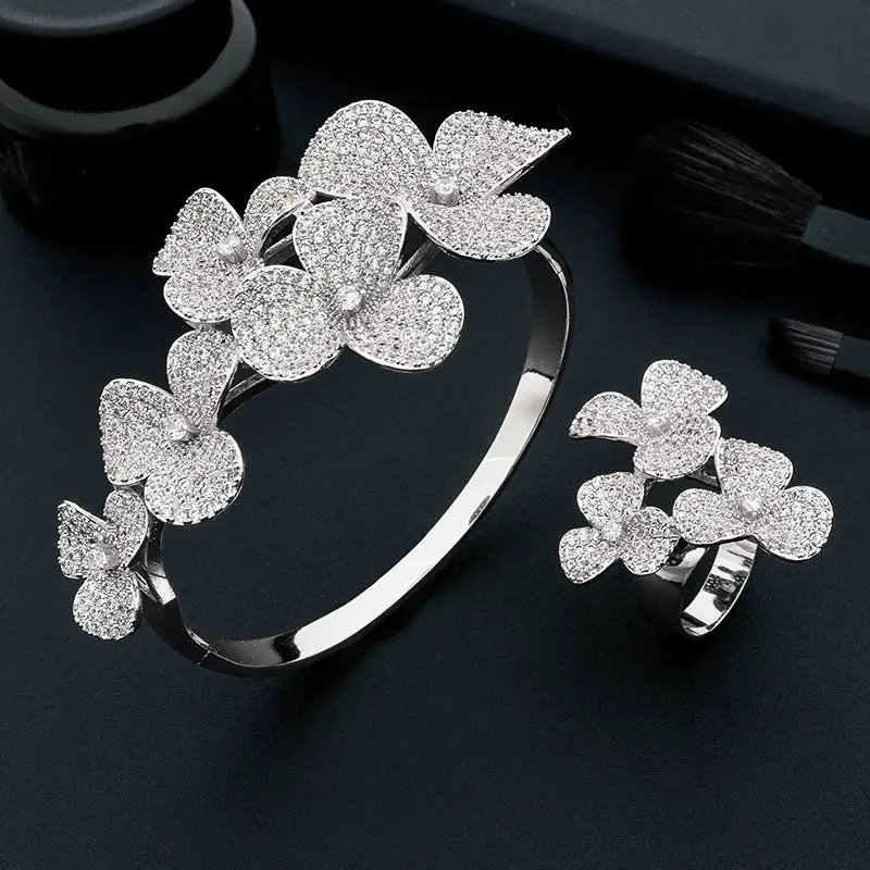 

ModemAngel Luxury Flowers Full Micro Paved Cubic Zircon Copper Wedding Engagement Bridal Party Bangle And Ring Set