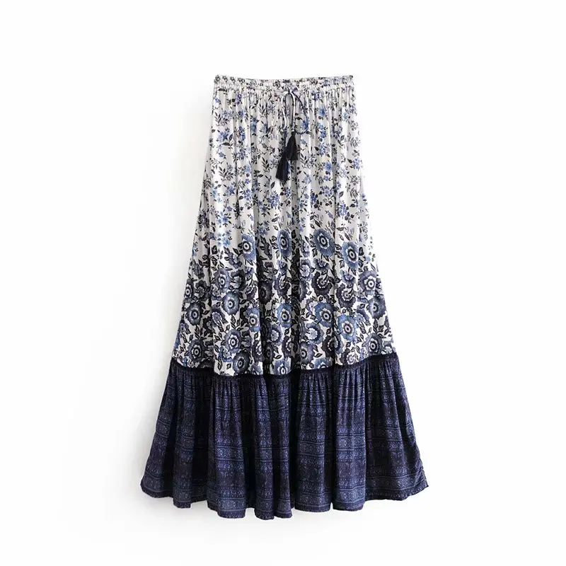 Винтажная шикарная модная женская юбка в стиле хиппи с цветочным принтом и кисточками, Пляжная богемная юбка с высокой эластичной талией, Boho rayon, юбка макси для женщин