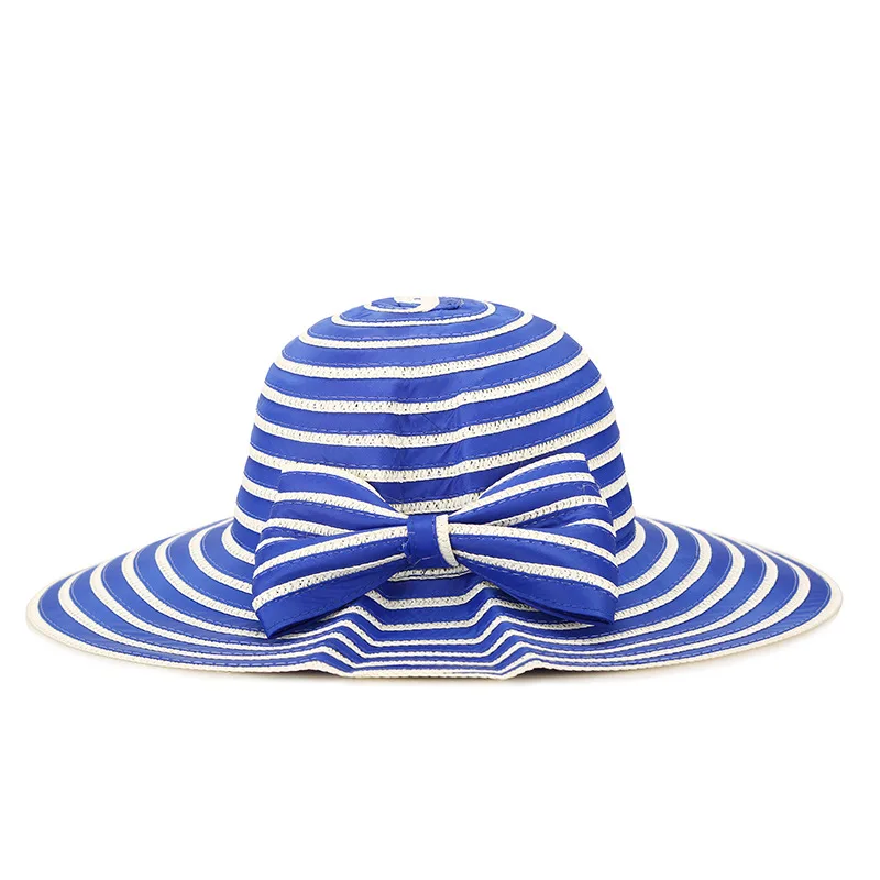 Women's Summer Folding Sun Hat with Bow-knot Stripe Wide brim Chin strap Sunscreen Portable Beach Dome Floppy Hollow Lolita |