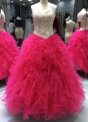 Ярко-розовый Бальные платья платье для выпускного вечера бальное платье 2018 Кристалл бисера оборками Vestidos De 15 anos миди платья Сладкие 16