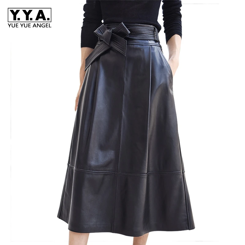 

2019 New Fashion Women Skirts Female Genuine Leather Sheepskin Saia Falda Bow With Belt Knee Length Skirt Office Lady Plus Size