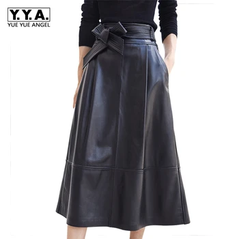 

2020 New Fashion Women Skirts Female Genuine Leather Sheepskin Saia Falda Bow With Belt Knee Length Skirt Office Lady Plus Size
