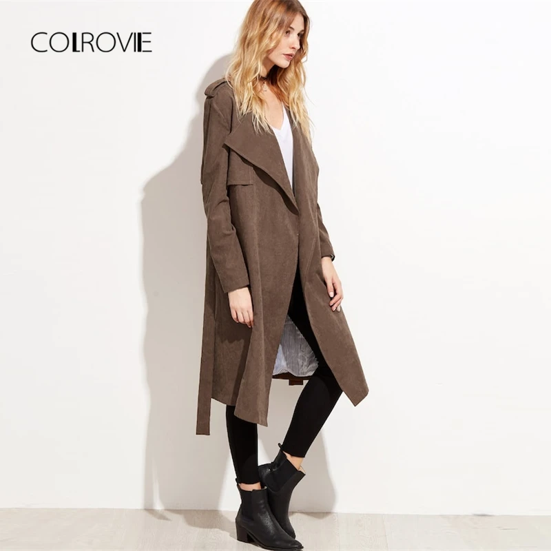 COLROVIE Brown Layered Waterfall Belted Elegant Winter Suede Long Trench Coat Women Clothes 2018 Autumn Wrap Outerwear & Coats