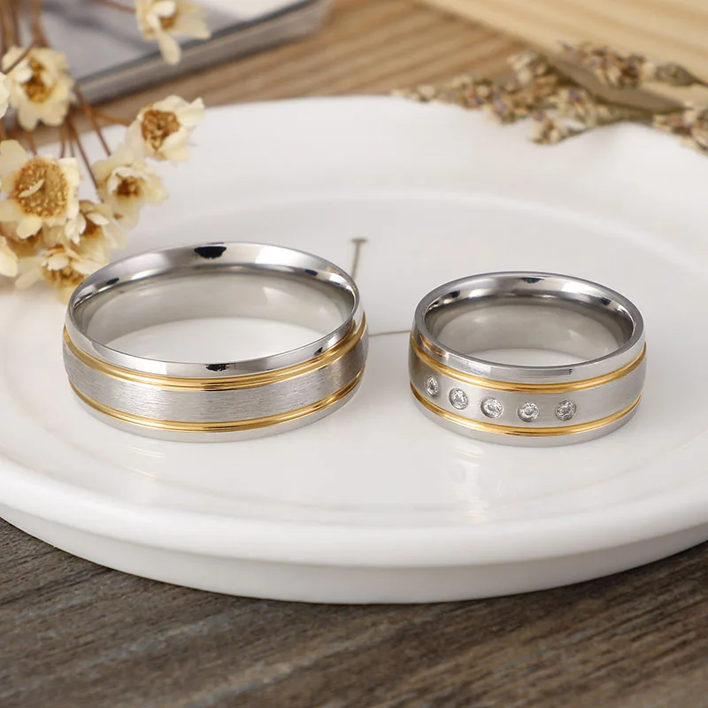 Alliance Wedding Rings Personality Cubic Zirconia Couple Rings for Women and Men Matte Finished Stainless Steel Lover Jewelry