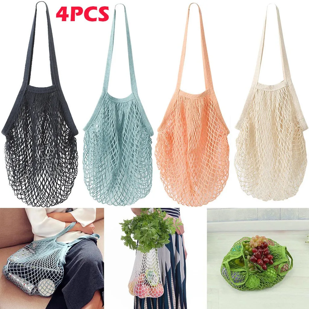 

4pcs Mesh Net Turtle Bag String Shopping Bag Fruit Vegetable Bags Eco Cotton Reusable Storage Mesh Bags Washable for Kitchen Y20