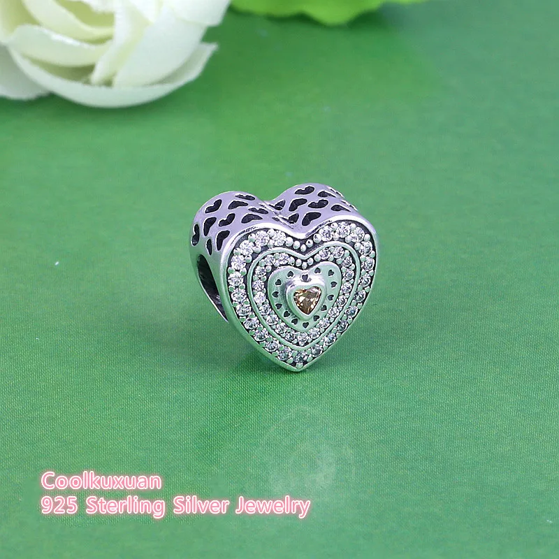 

2019 Spring New Lavish Heart Charm Beads Fits Pandora bracelets 100% 925 Sterling Silver Golden Heart CZ Stone European Bead