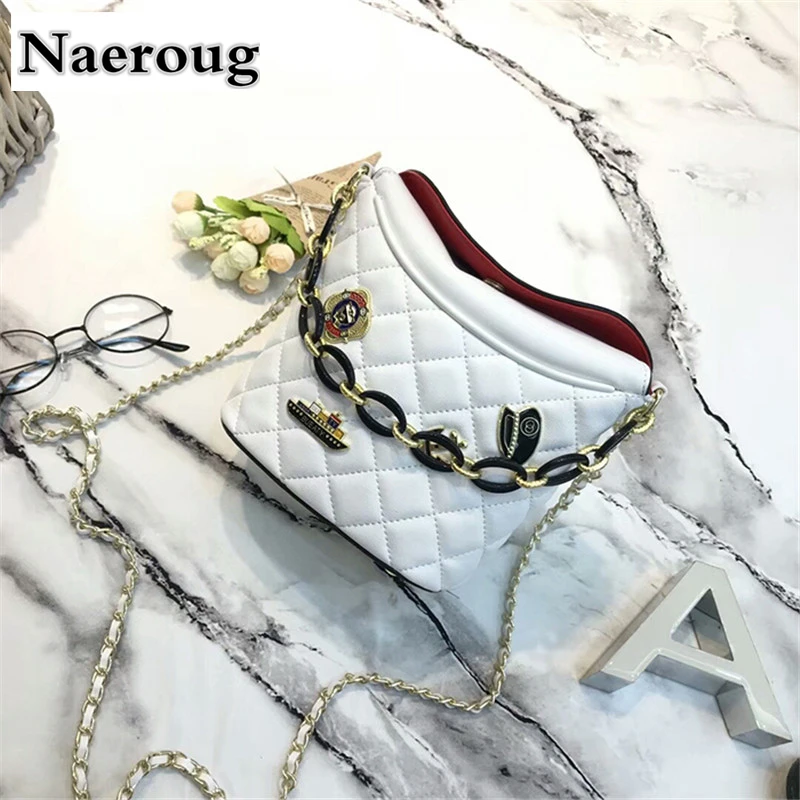 

Luxurious Plaid Luxury Chain Shoulder Messenger Bag Ladies Genuine Leather Handbags Badge Bucket Bag Sheepskin Rhombic Handbag