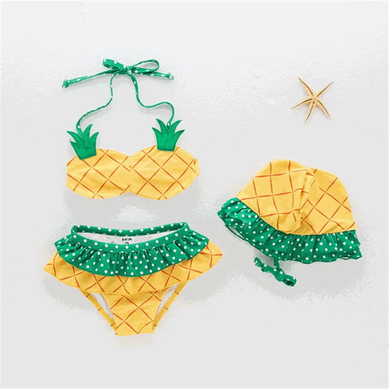 

Kawaii Bikini Set Two-Piece Girls Lovely Pineapple Children Swimsuit Beachwear Halter Backless Girls Bathing Suits Hat Swimwear