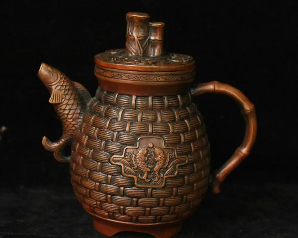 13.5cm Collect China Copper Brass Bronze Handmade Fish Teapot teakettle