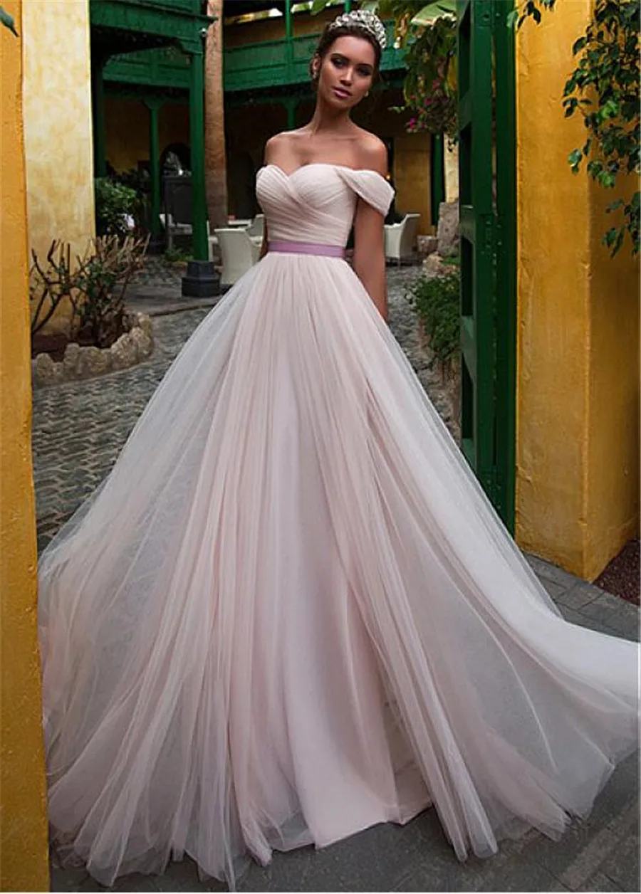 Elegant Tulle Off-the-shoulder Neckline A-line Wedding Dress With Belt Dusty Pink Bridal Dress vestido de madrinha