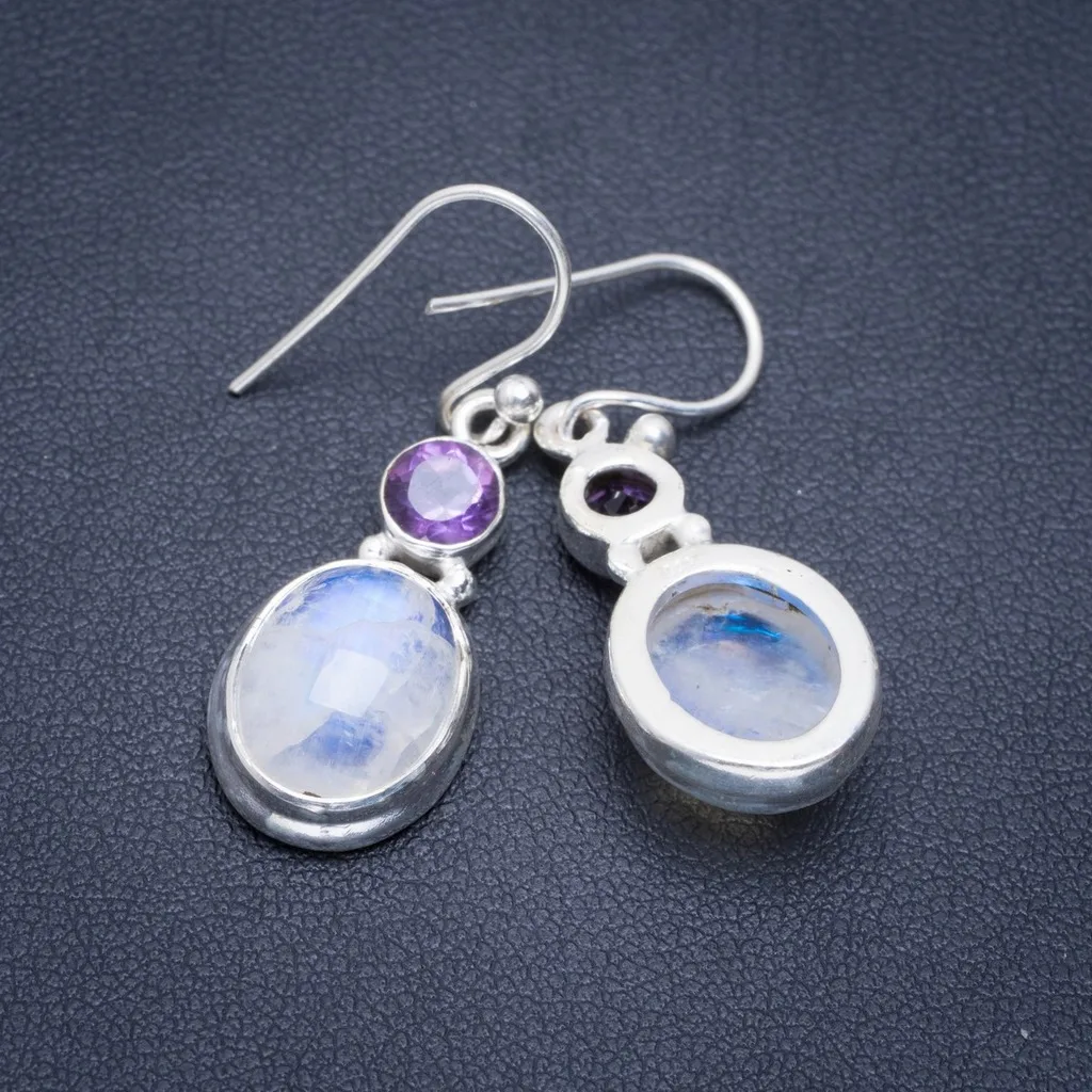 

Natural Rainbow Moonstone and Amethyst Handmade Unique 925 Sterling Silver Earrings 1.25" A2137