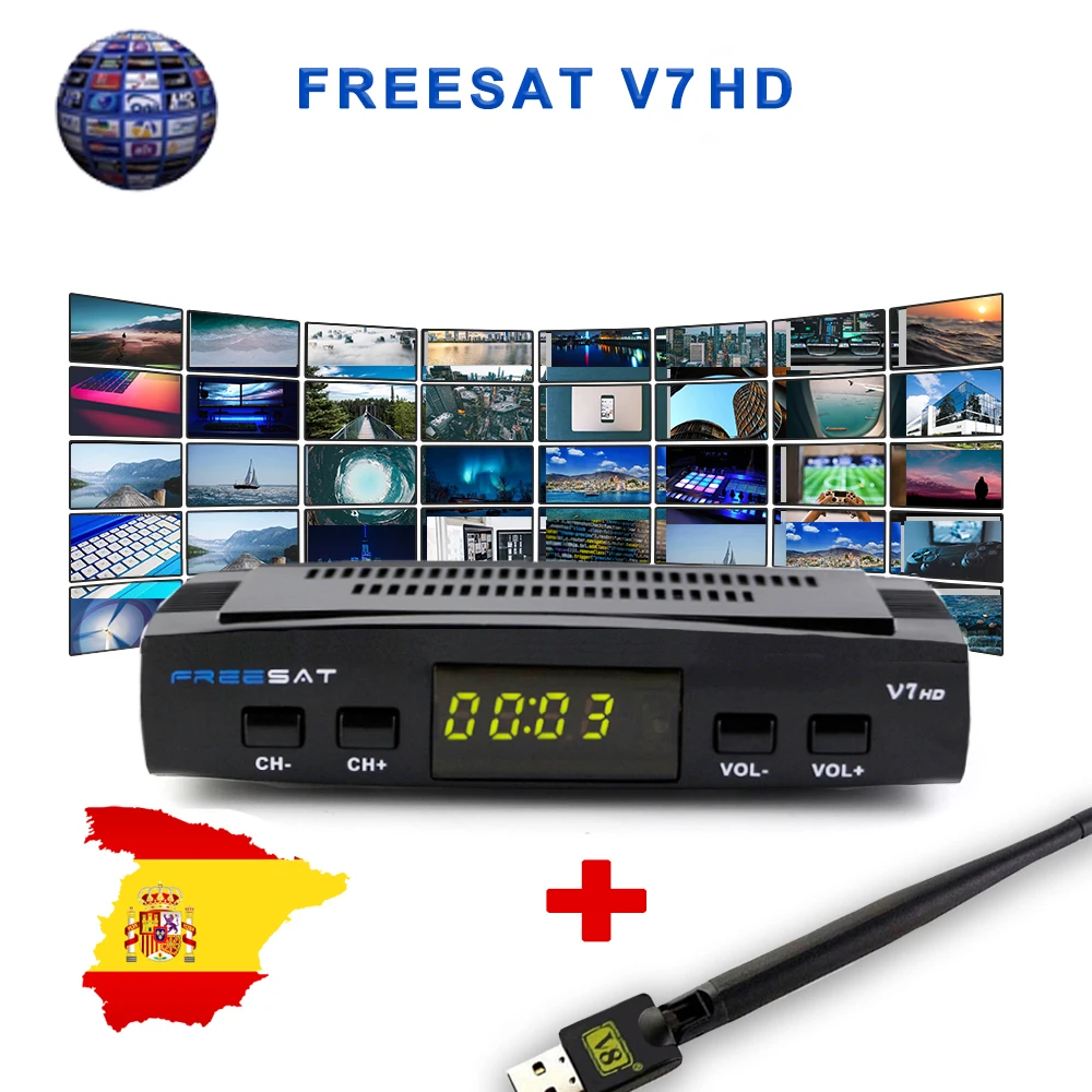 Спутниковый декодер TV приемника Freesat V7 HD FULL HD DVB-S2 + USB Wi-Fi рецепторов с 5 линий Европа Клайн учетной записи Поддержка Powervu