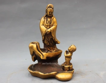 

19CM Tibet bronze Buddhism Boys worshipping Guanyin Bodhisattva statue