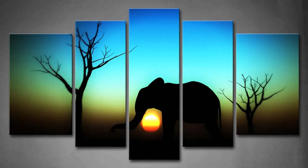 

Framed Wall Art Pictures Elephant Sky Moon Canvas Print Artwork Animal Modern Posters With Wooden Frames For Living Room