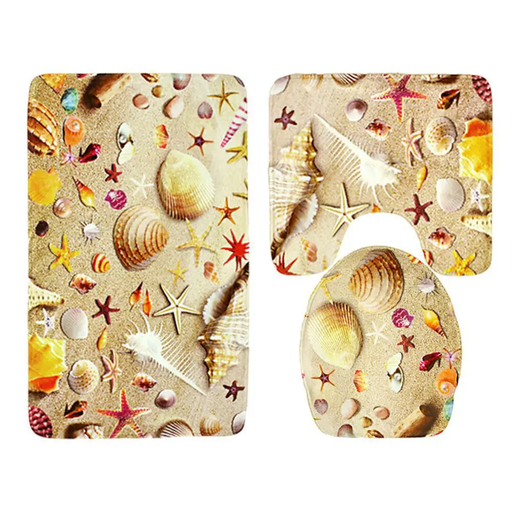 

New Arrival 3pcs/set Beach Seashells Pattern Flannel Bathroom Rug Sets Non-slip Bath Mat Set