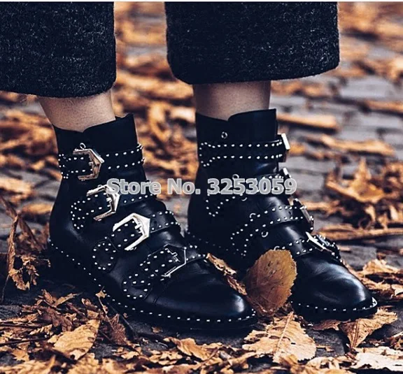 

European Chic Plus Size Knight Boots Thick Heel Punk Rivets Boots Metal Buckle Strap Ankle Boots Casual Outdoor Footwear US10.5